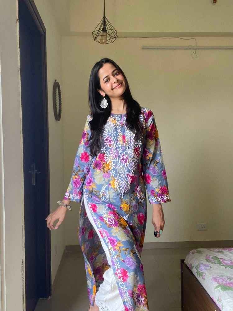 Flowery Purple Cotton Kurti with White Chikankari Embroidery-1.webp